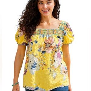 JOHNNY WAS Brisbane Floral Top Blouse Yellow 100% Silk Size XS